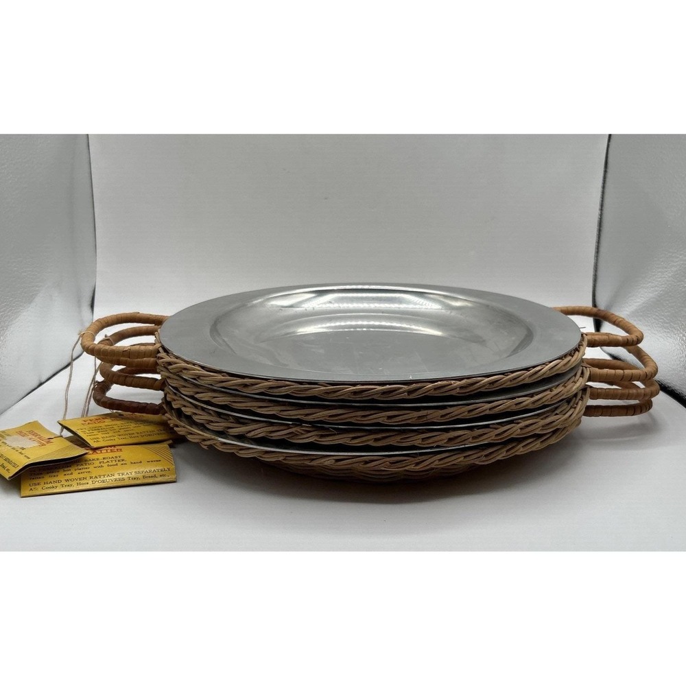 Lot of 4 Metal Oval Plate Platter with Woven Tray Picnic FERRALUM New Vintage